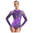 thumbnail image 2 of Nyeemya Women's Rhinestone Ballet Dance Leotard Long Sleeve Gymnastics Bodysuit Figure Skating Top Purple M, 2 of 5