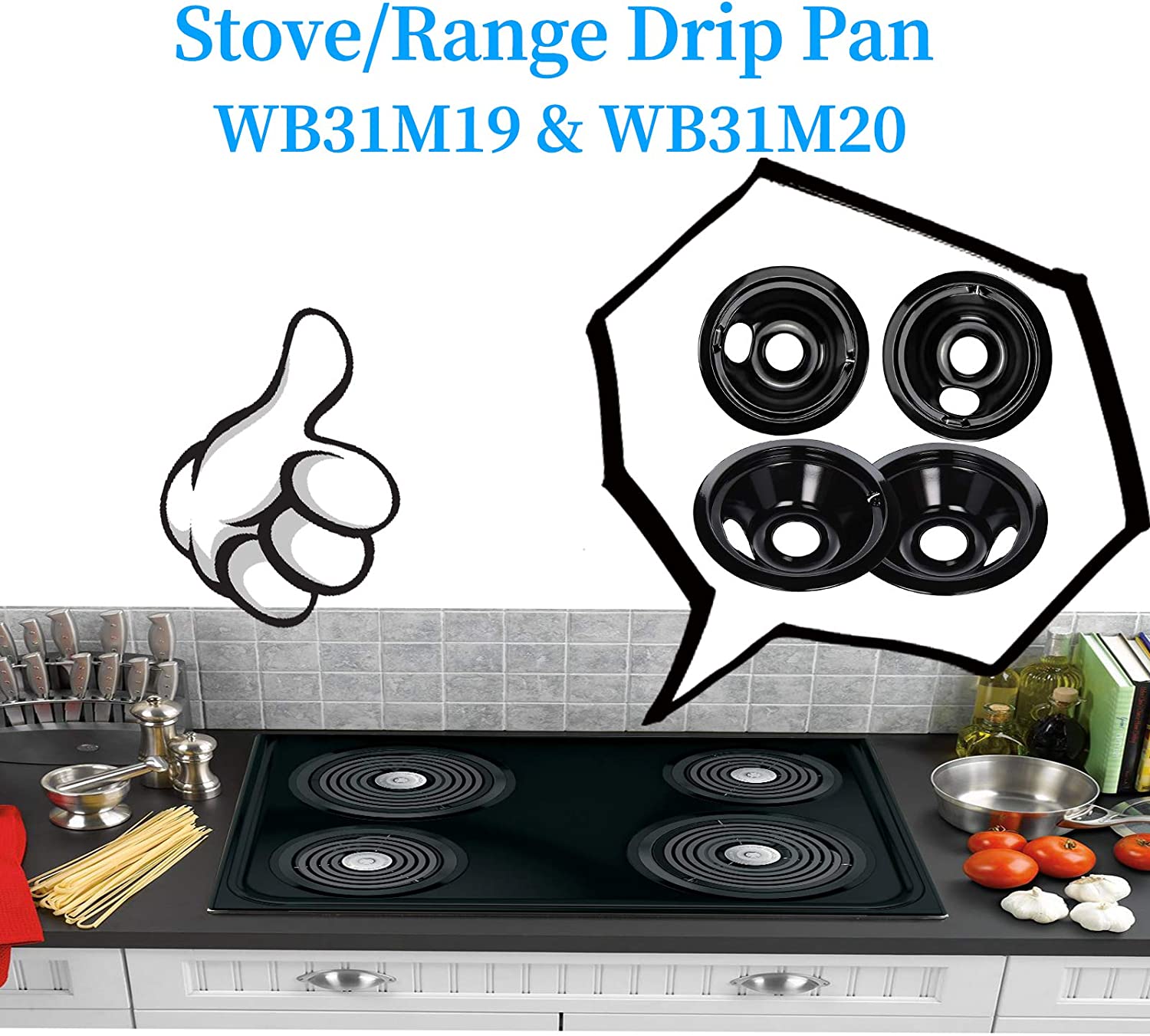 Black Stove Burner Drip Pans Replacement for GE Hotpoint Electric Stove Burner, (2) 8" WB31M19 (2) 6" WB31M20 Set by