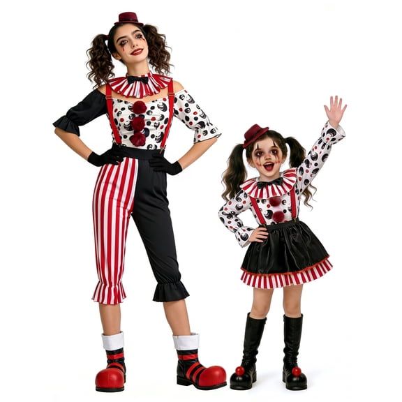 Youpwaven Halloween Circus Clown Costume for Women & G'i'rls, 4-Piece Carnival Mother-Daughter Matching Cosplay Set, Vintage Stage Performance Polka Dot Party Outfit Size 6-14