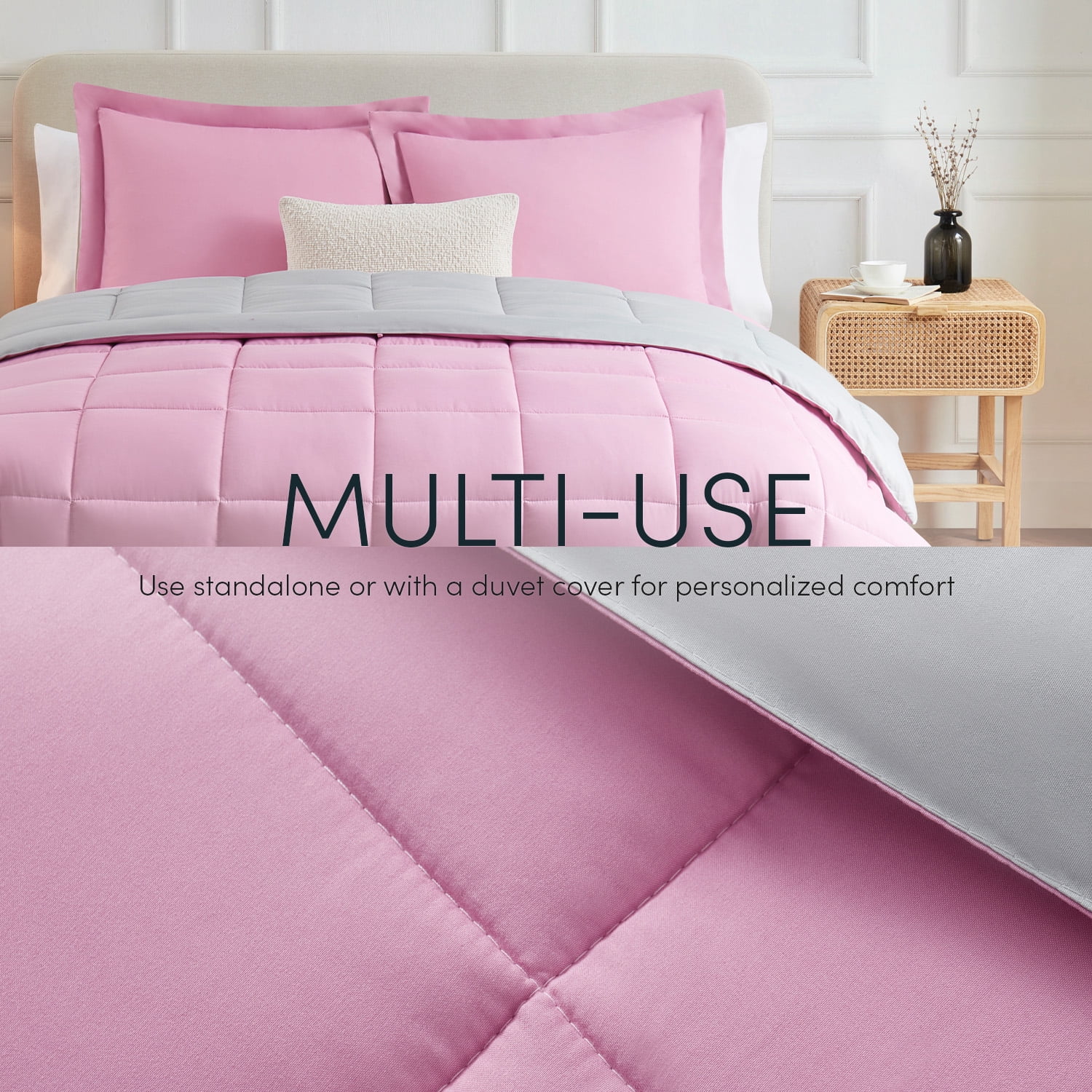 Nestl Queen Comforter Set, 3 Piece Bed in a Bag, Reversible Down Alternative Bedding Set, Pink & Light Gray