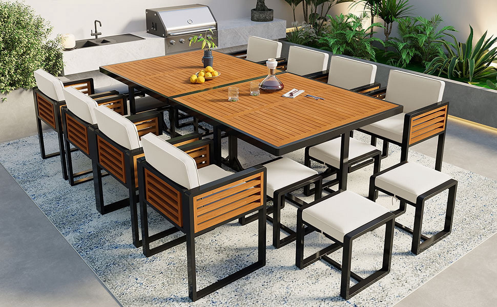 Euroco 18-Pieces Acacia Wood Patio Dining Set, Space Saving Outdoor Patio Set, 8 Cushioned Chairs & 8 Ottomans & 2 Square Table, for Backyard, Garden, Deck and Poolside