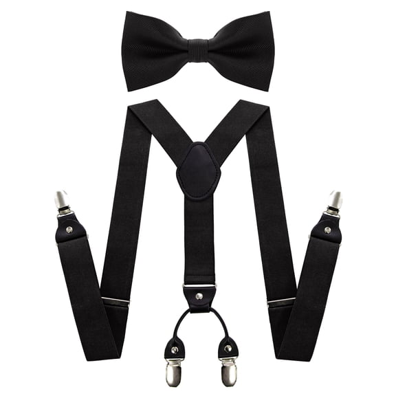 KAMBERFT Men's Black 1.4 inch Wide Adjustable Y-Back Suspenders, 2-Piece Set with Pre-Tied Bow Tie
