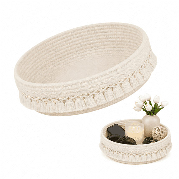 Boho Bedroom Decor, Desk Basket, Cestas Decorativas, Hand-Woven Tassel Storage Basket, Decorative Cosmetic Skincare Organizer for Vanity, Bedroom, Bathroom & Office Desktop