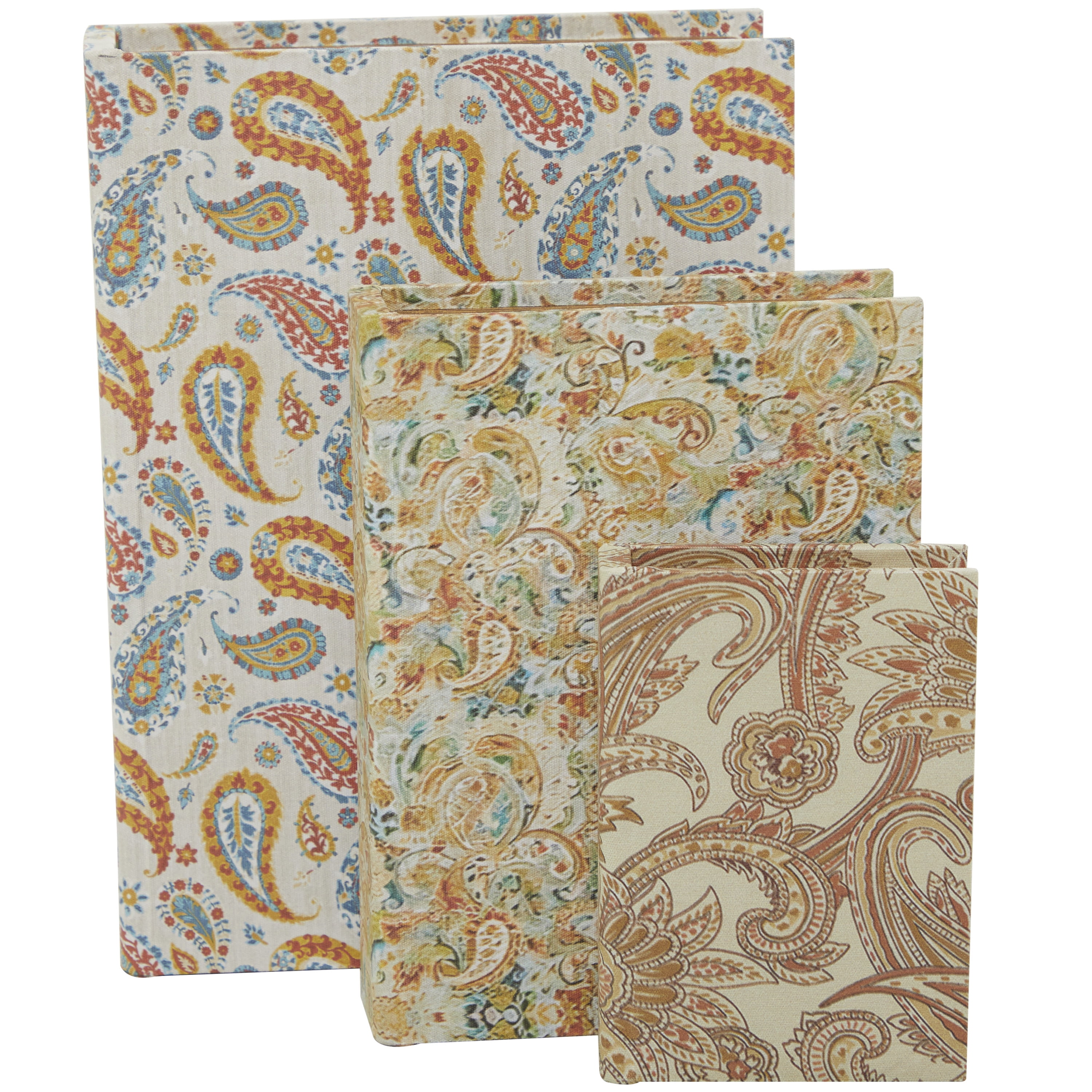 DecMode Faux Book Cream Canvas Decorative Box with Varying Patterns, 3 Count