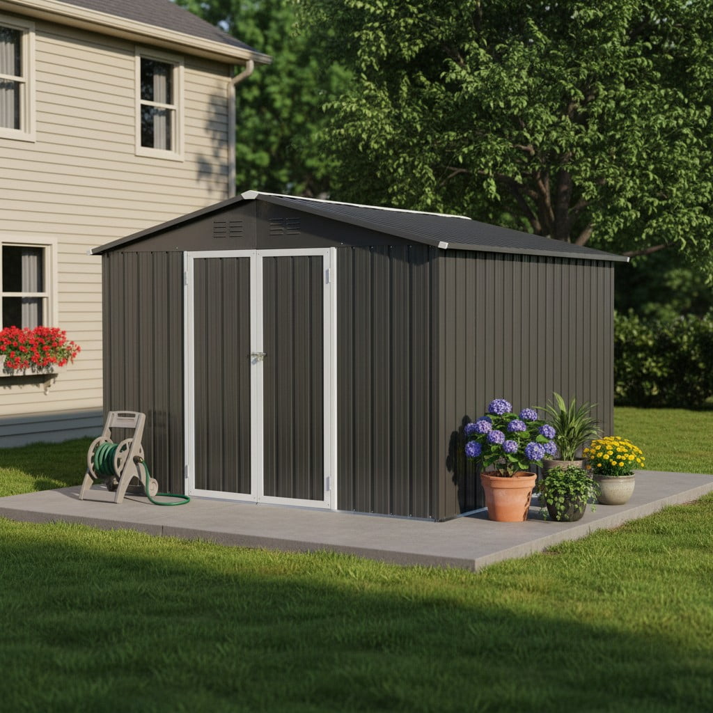 Aukfa 12x10 FT Metal Outdoor Storage Shed with Lockable Double Doors & Ventilation, Heavy-Duty Galvanized Steel Garden Shed for Backyard Patio Lawn Tool & Bike Storage, Gray