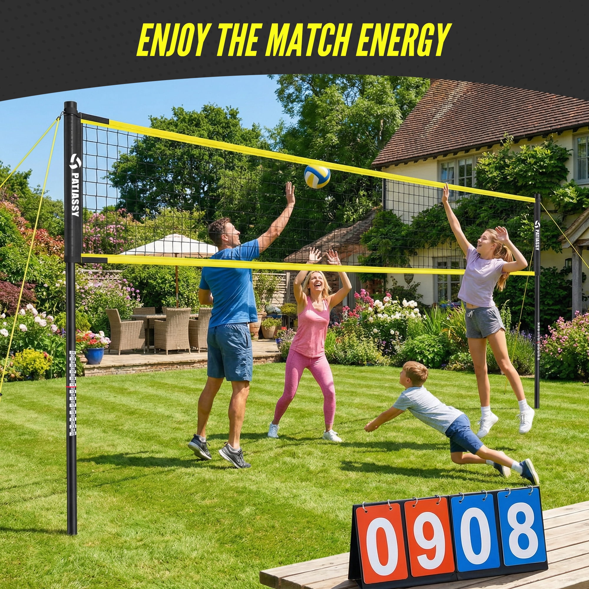 Patiassy 32/26/20FT Adjustable Height & Width Portable Volleyball Net Set with Rust-Resistant Steel Poles, Scoreboard, Ball & Carry Bag for Backyard