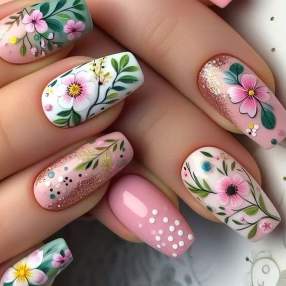 24pcs Coffin False Nails With Flower Pattern Friendly Stick on Nails Press on Nails Manicure For Fashion Enthusiasts