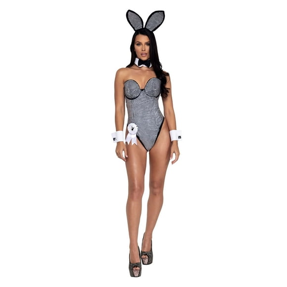 Playboy Costume de Lapin Noir et Argenté avec Strass pour Femmes