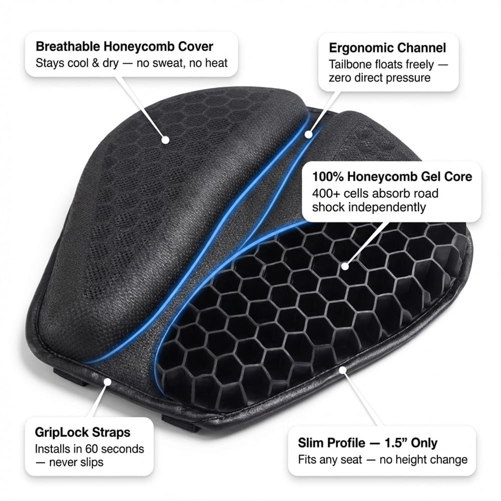 Hex Rider Seat Cushion, Gel Rider Cushion for Motorcycle, Universal Non-Slip Grip Ergonomic Motorcycle Seat Pad, 3D-Honeycomb Structure TPE Shock Absorption Breathable Seat Pad for Long Rides