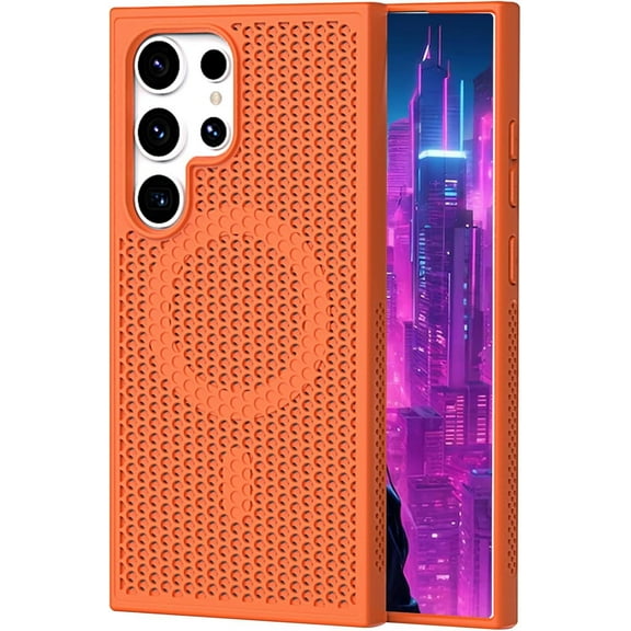 Magnetic Cooling Case for Samsung Galaxy S24 Ultra (Not S24), Hard PC Slim Cellular Hole Heat Dissipation Mesh Breathable Hollow Honeycomb Case for Samsung Galaxy S24 Ultra SR-Orange