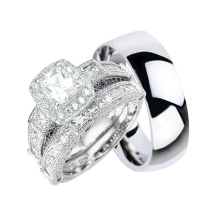 His and Hers Wedding Ring Sets Silver Titanium Matching Wedding Bands for Him Her (Best Way To Clean Wedding Ring)