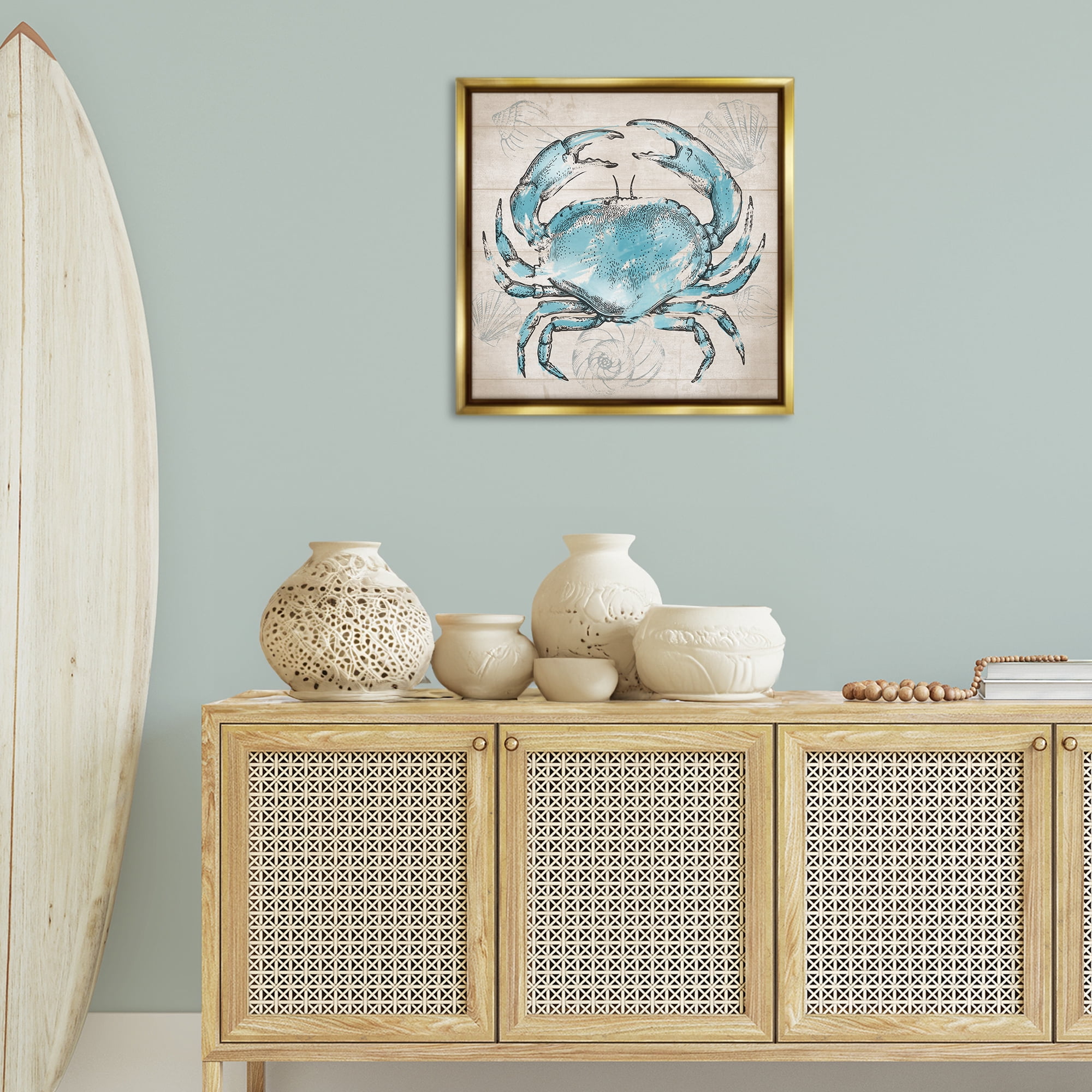 Stupell Industries Vintage Drawn Crab Animals Painting Gold Floater Framed Canvas Art Print Wall Art, 25 x 25