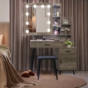Ktaxon Lighted Vanity Table Set with Charging Station, Makeup Dressing Table with Sliding Mirror, Bedroom Vanities Set