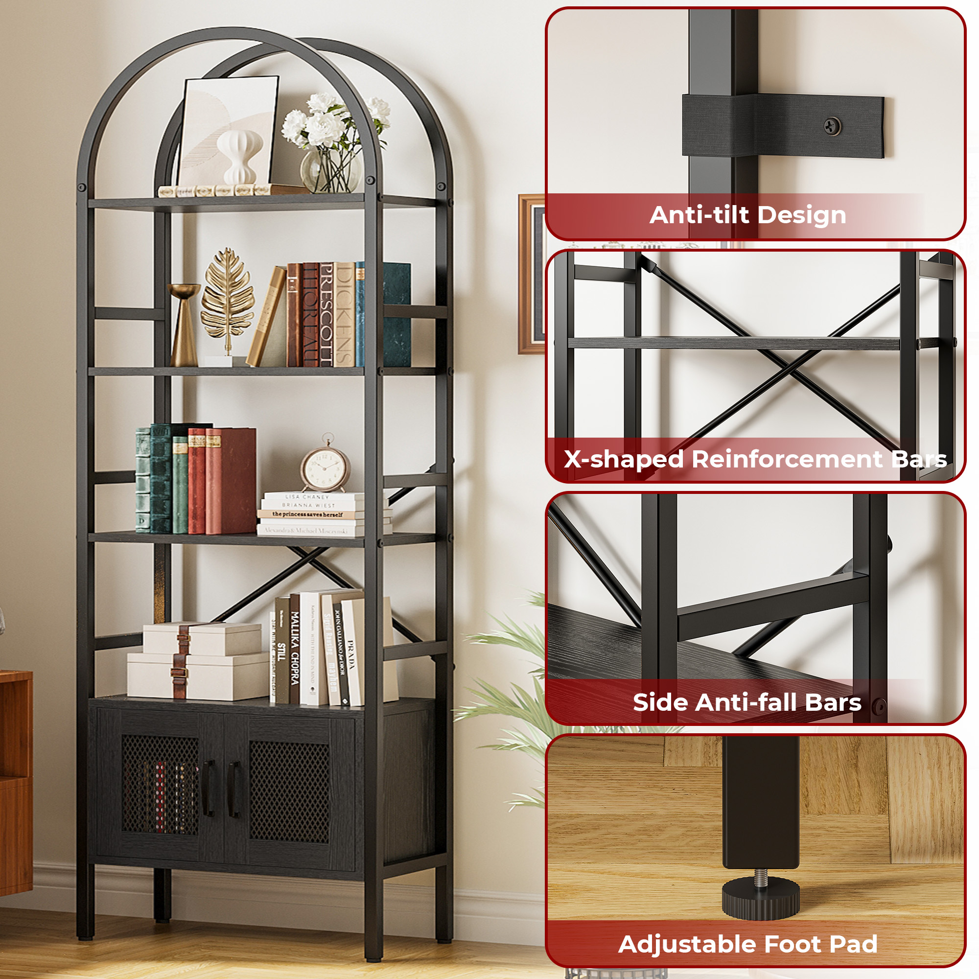 IRONCK 70.3" Tall Arched Bookshelf, 4-Tier Open Display Bookcases with Door Cabinet, Industrial Style Metal Storage Rack, Black