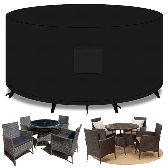 PATIO PLUS Garden Heavy Duty Table Covers Round with Air Vents, 420D Oxford Fabric Circular Patio Table Cover, Outdoor Garden Furniture Cover Waterproof, Windproof, Anti-UV, 110"DIAx28"H Black