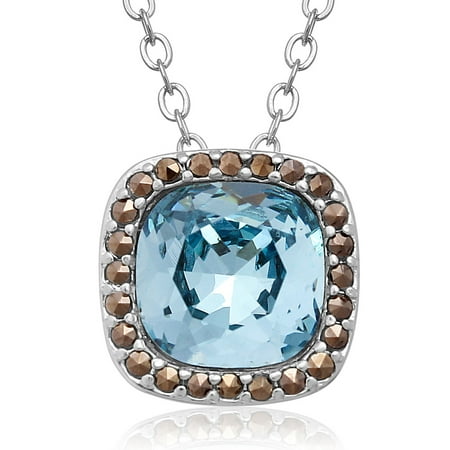 4 Carat Cushion Cut Crystal Aquamarine and Marcasite Necklace, 18 Inches, Platinum Overlay