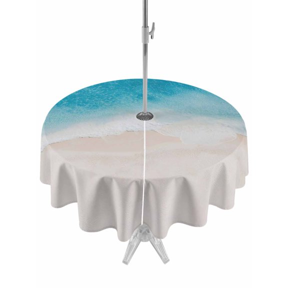 Outdoor Tablecloth with Umbrella Hole for Patio/Picnic/Party/Camping, Blue Beach Coastal Waterproof Table Cloth Round Cover Washable, Summer Nautical Ocean Seaside (Dia 60")