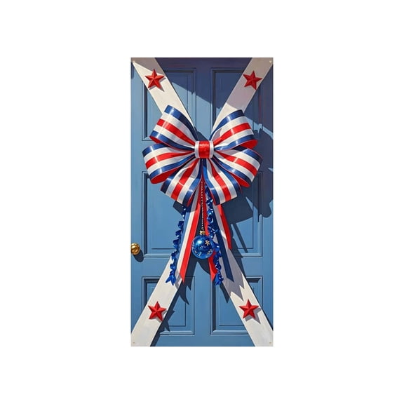 SLYNSHome 250th Anniversary Door Cover Wreath Bow Printed Patriotic Door Sign 4th of July Hanging Backdrop for Independence Day Decor