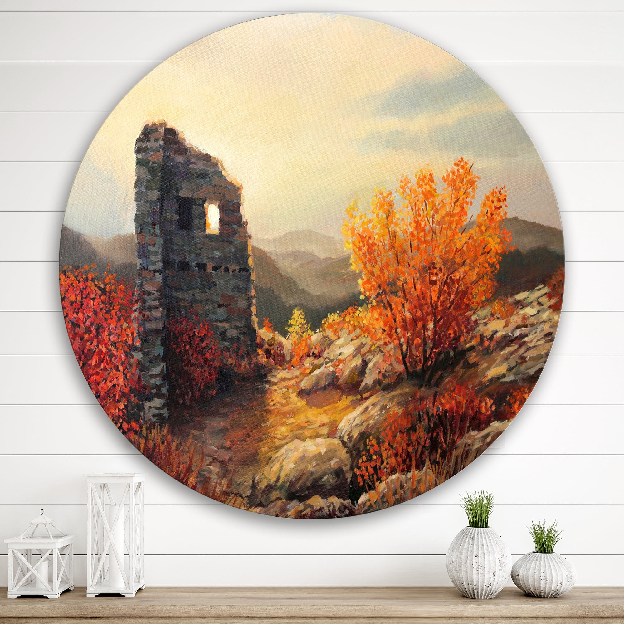 Designart 'Sunset Over Old Fortress Ruins' Farmhouse Circle Metal Wall Art 29x29 - Disc of 29