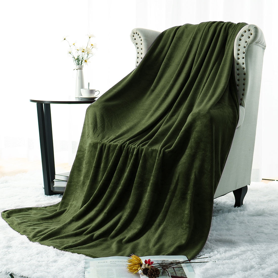 Home Bedroom All Season Lightweight Soft Warm Fuzzy Microplush Fleece Bed Blanket Olive Green