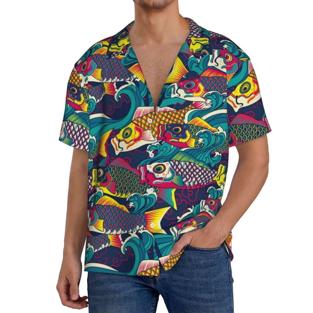 Fotbe Colorful Carp Streamer Camisa Estampada de Manga Corta para Hombre, Casual de Verano, Estilo Playero, Sin Arrugas-Medium