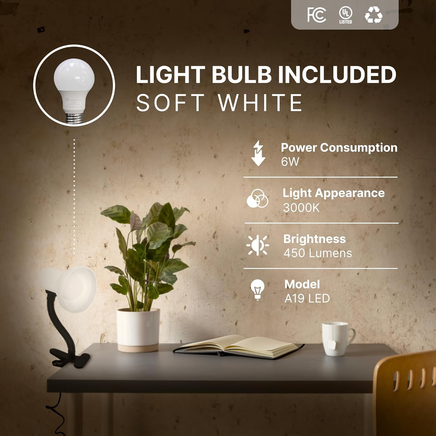 Xtricity Clip on Desk Lamp with 6W A19 LED Bulb Included, 120 Volt, 10.25 Inches, White (2 Pack)