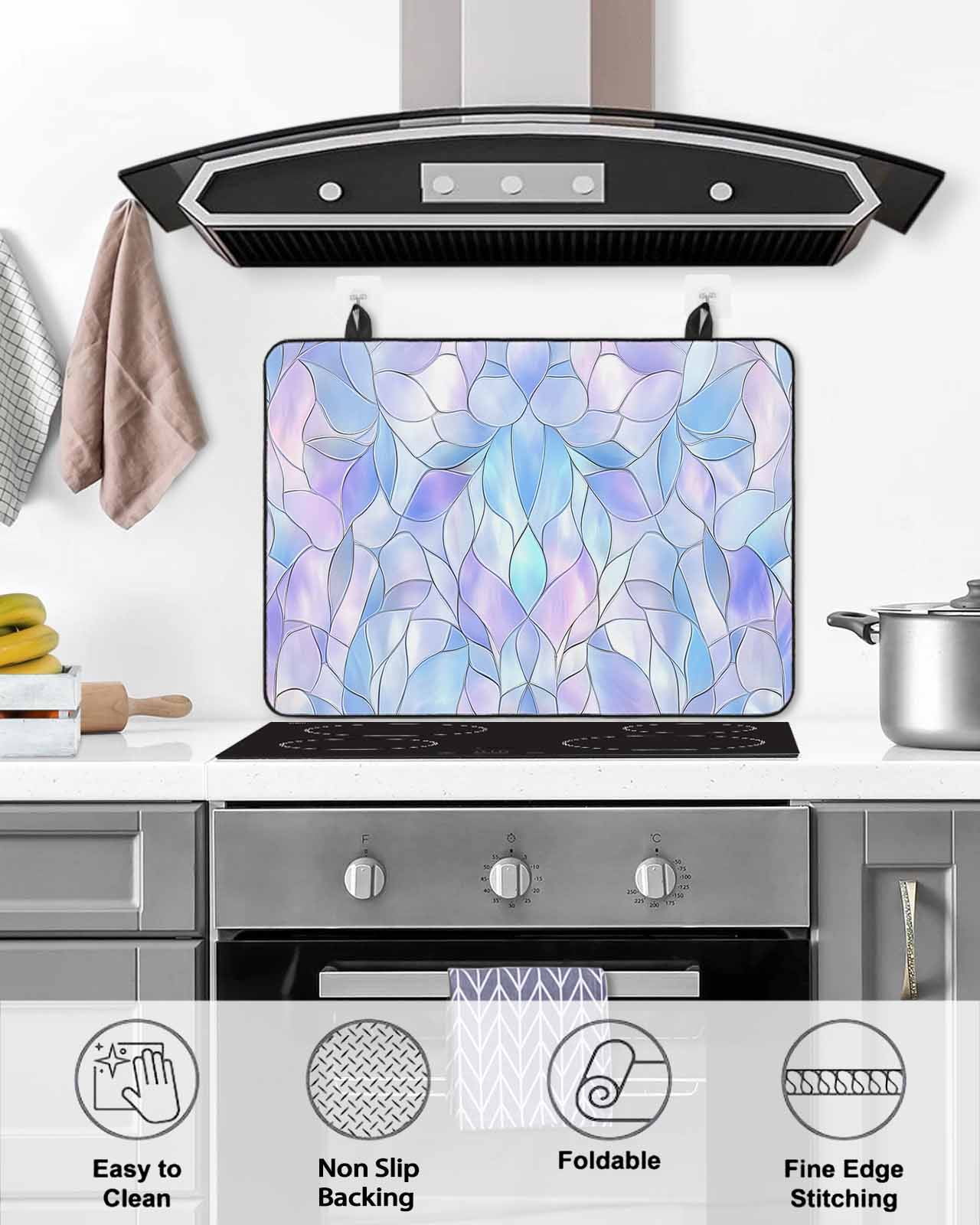 nqOlkjepod Large Induction Cooktop Protector Mat 24"x21", Stained Glass Stove Top Covers for Electric Stove, Blue Purple Floral Geometric Decorative Stove Burner Cover Mats, Glass Top Stove Cover