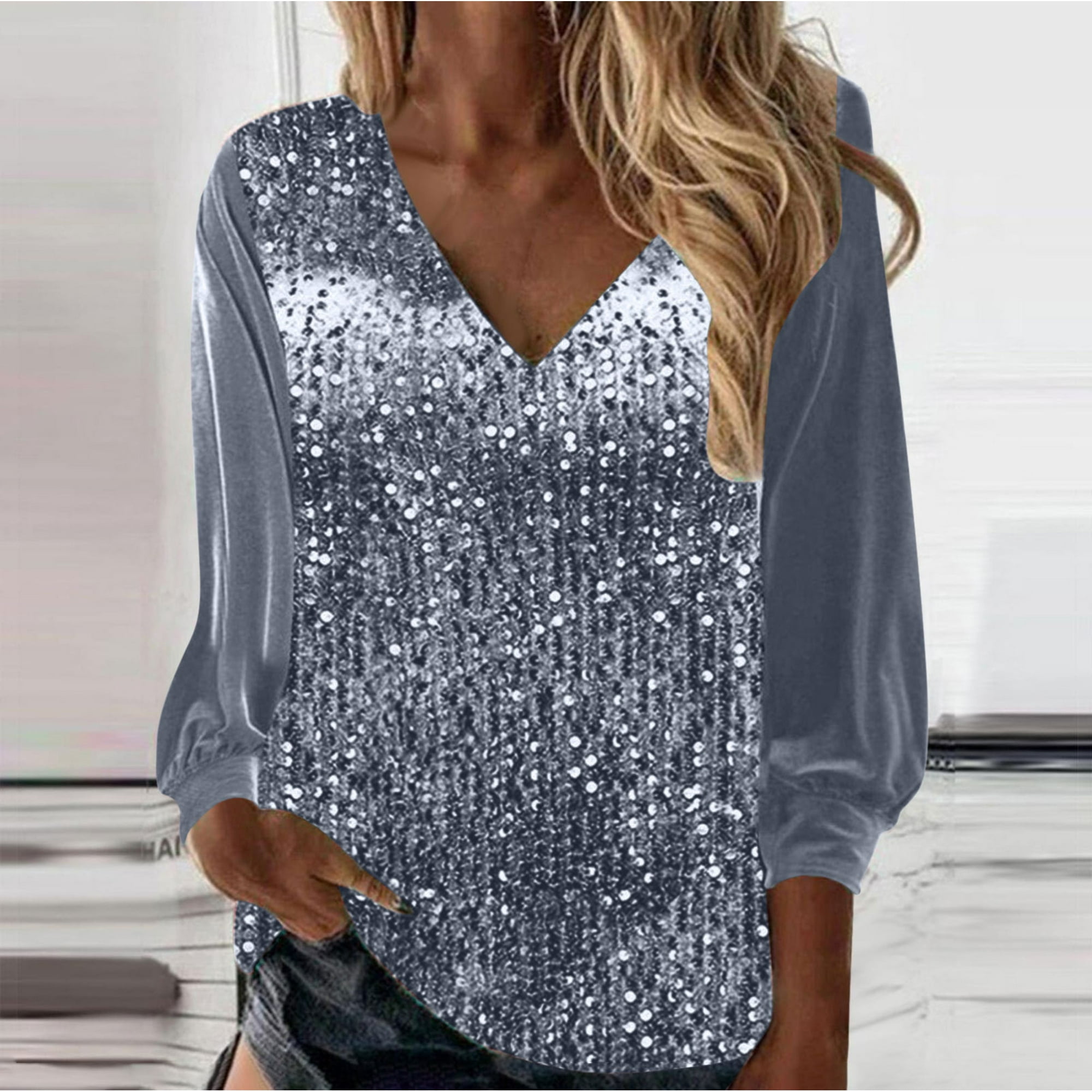 AherBiu Womens Long Sleeve Tops Sequin V Neck Sparkly Party Shirts