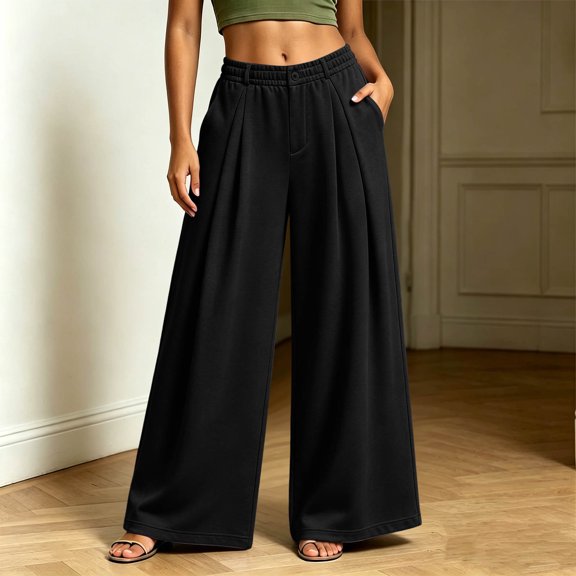 Qodauz Wide Leg Sweatpants Women Pleated Baggy Casual Pants Button Elastic Waisted Athletic Pant S-2XL