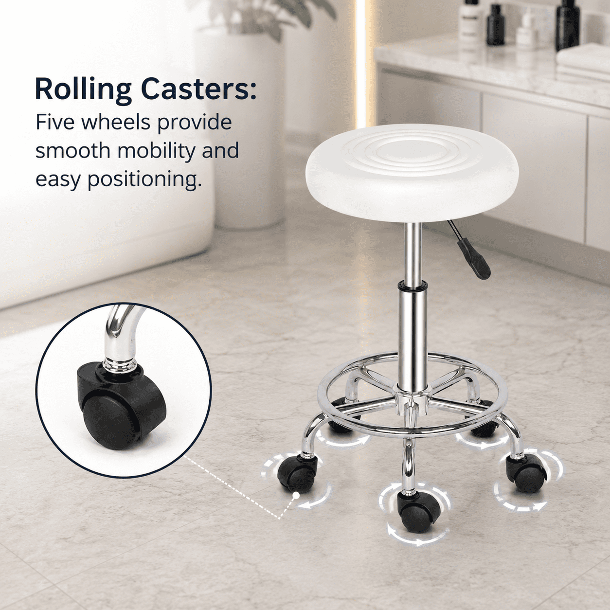 Alvantor Rolling Stool, White PU Leather Round Seat with Height Adjustment