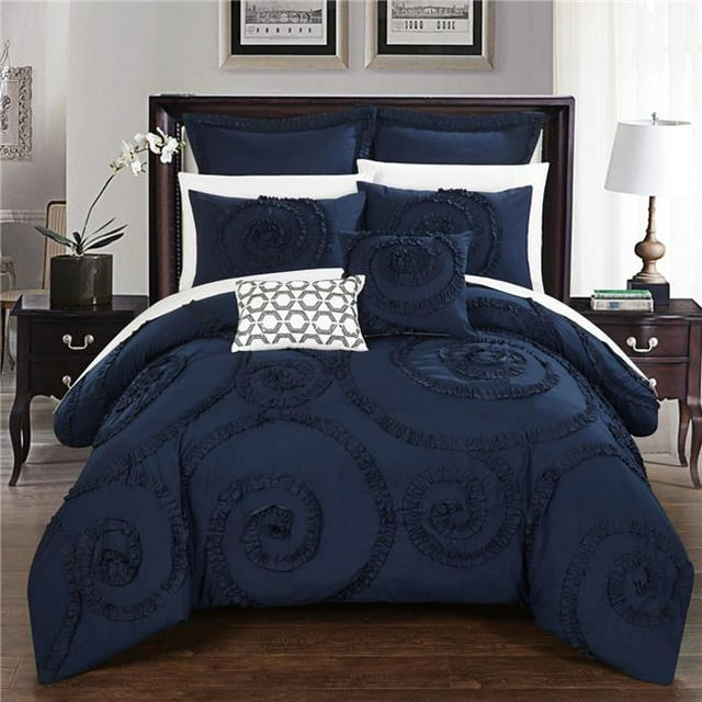 Chic Home CS2223-US Rosa Floral Ruffled Etched Embroidery Comforter Set - Navy - Queen - 7 Piece