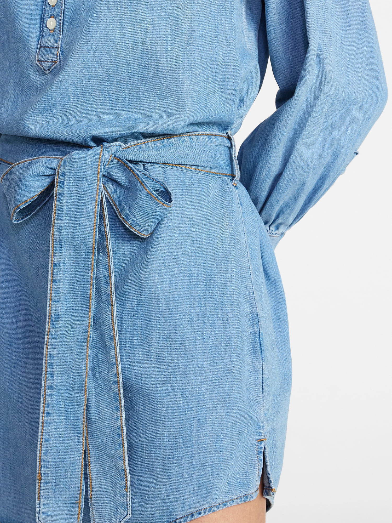 Time and Tru Women's Belted Denim Mini Shirtdress with Long Sleeves, Sizes XS-XXXL