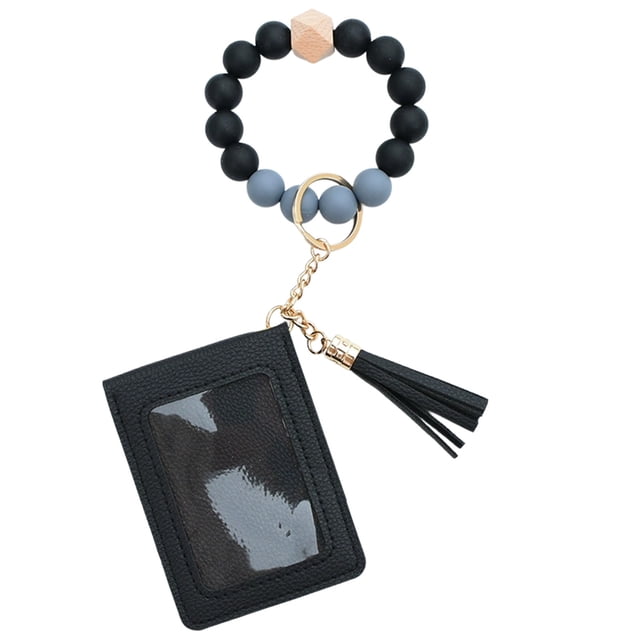 TACILIP Organization and Storage, Silicone Bead Bracelet Solid Color Card Bag Keyring Wallet Leather Fringe Multi-Card Compartment Coin Purse Leather Card Bag, Gifts for Mom