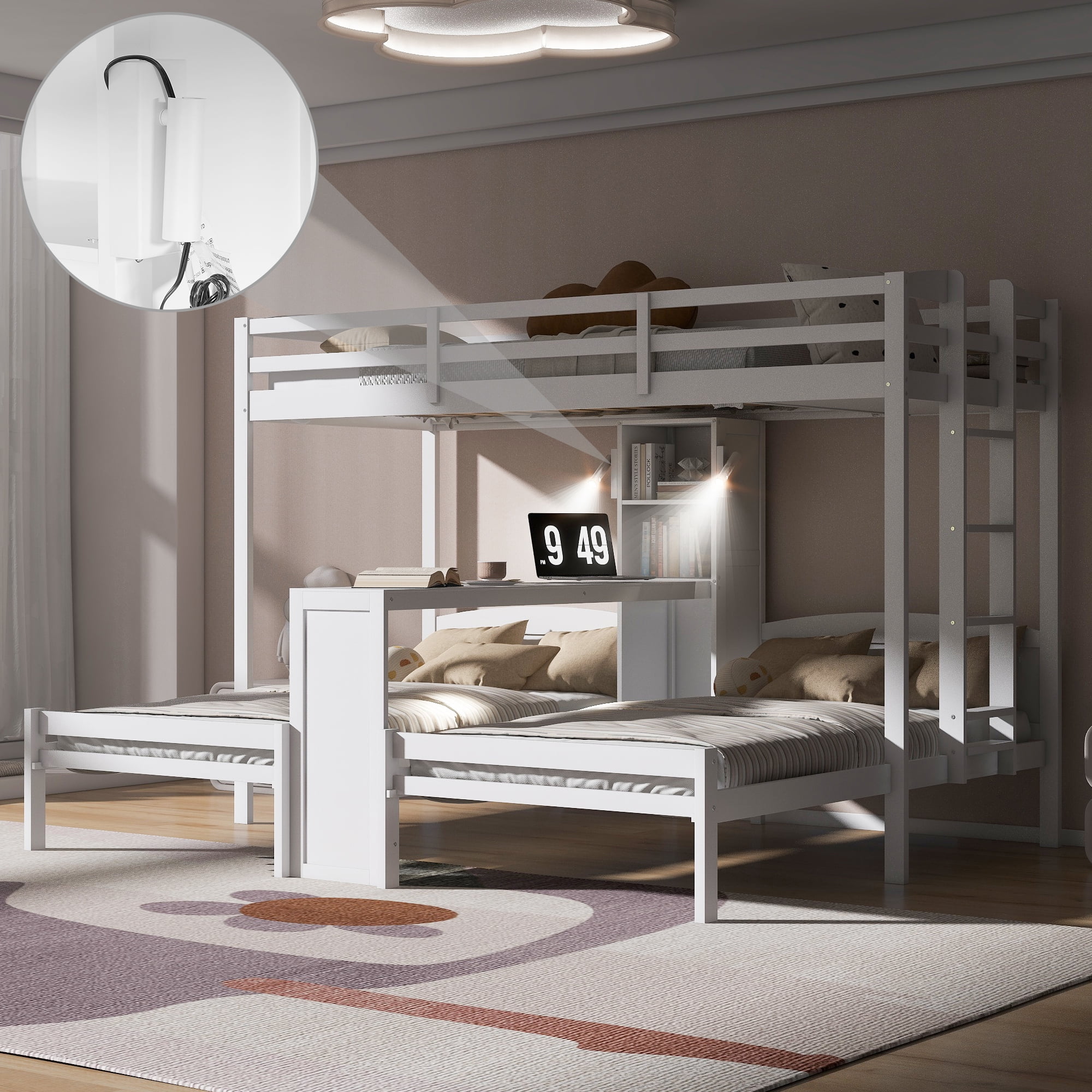 Euroco Wood Twin over Twin Bunk Bed with Desk, 3 Beds in 1 with Shelves and Reading Lamps, White