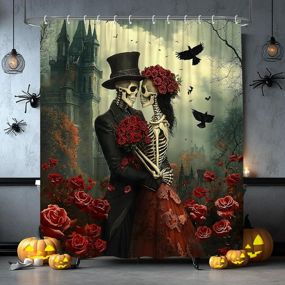 Skull Couple Shower Curtain Sugar Skeleton Rose Crow Day of The Dead Halloween Gothic Horror Castle Scary Spooky Bathroom Polyester Curtains with Hooks 72"W x 72"L