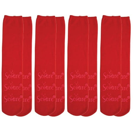 Secure (4 Pairs) Non-Skid / Non-Slip Slipper Socks for Fall Prevention - 100% Cotton - Red - One Size Fits Most