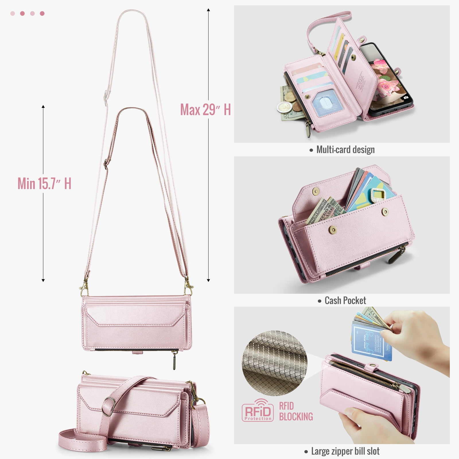 Asuwish Compatible with Samsung Galaxy A16 5G/4G Zipper Wallet Phone Case Tempered Glass Screen Protector Crossbody Lanyard Strap Flip Card Holder Slot Cell Cover for A16 16A SM-A166U Women Rose Gold
