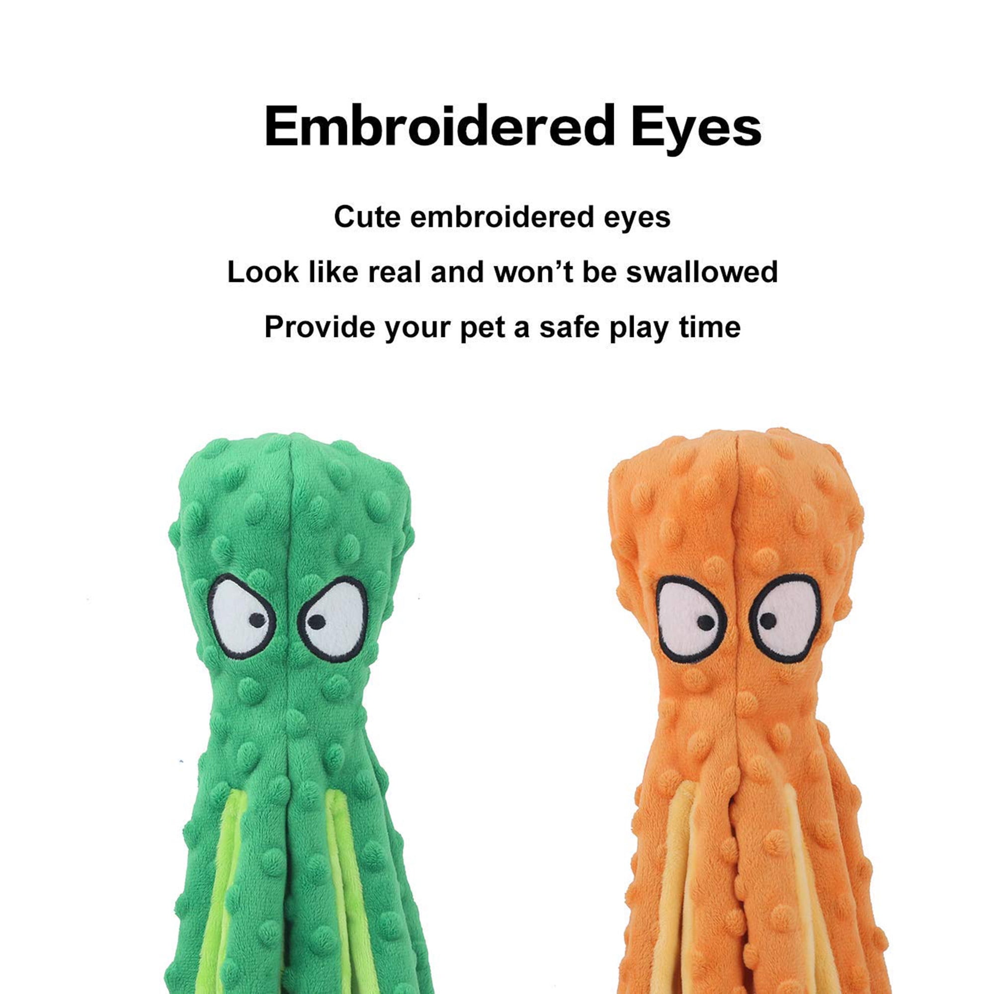 Durable Dog Chew Toys for Puppy Teething, Interactive Squeaky Crinkle Plush Octopus Toy for Small Medium Large Dogs, No Stuffing Safe Design, Training Boredom Relief, 2 Pack, Green and Orange