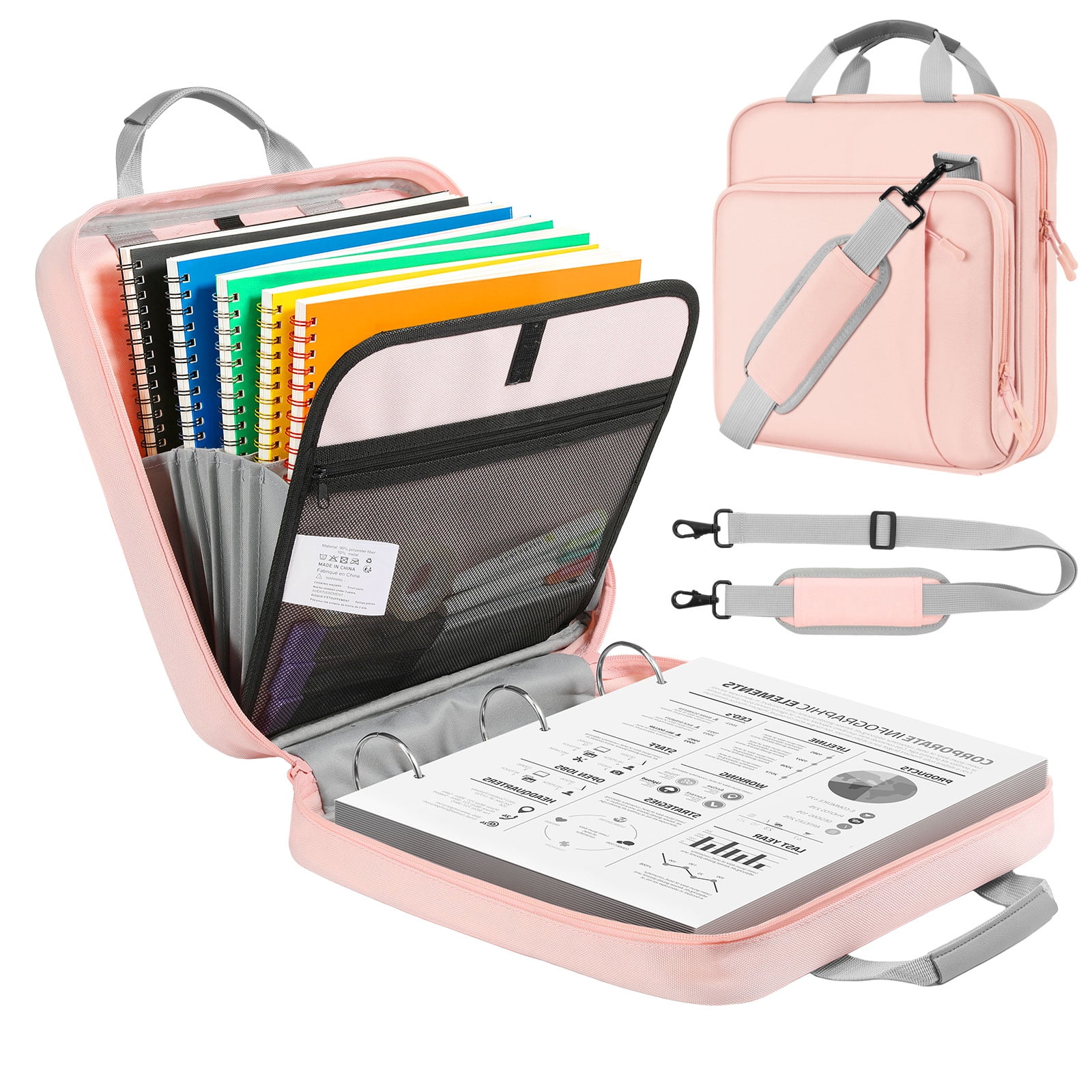 MoKo Zipper Binder with Strap Handle, 2 inch 3 Ring 500 Sheet Capacity Multi-Pockets Binder Organizer, School Office Supplies, Pink