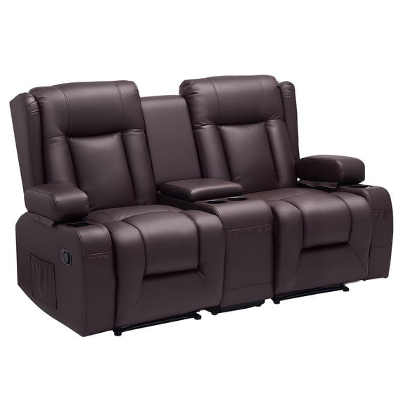 KFFKFF Loveseat Recliner Sofa, Manual Reclining Couch with Center Console, PU Faux Leather Recliner Sofa with USB Ports, Cup Holders and Storage Bags, Brown