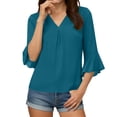 thumbnail image 5 of Pxxlle Chiffon Shirts for Women Dressy Ruffle 3/4 Sleeve Shirt Business Casual V Neck Pleated Blouses Solid Color Tops for Office Work Green S, 5 of 5