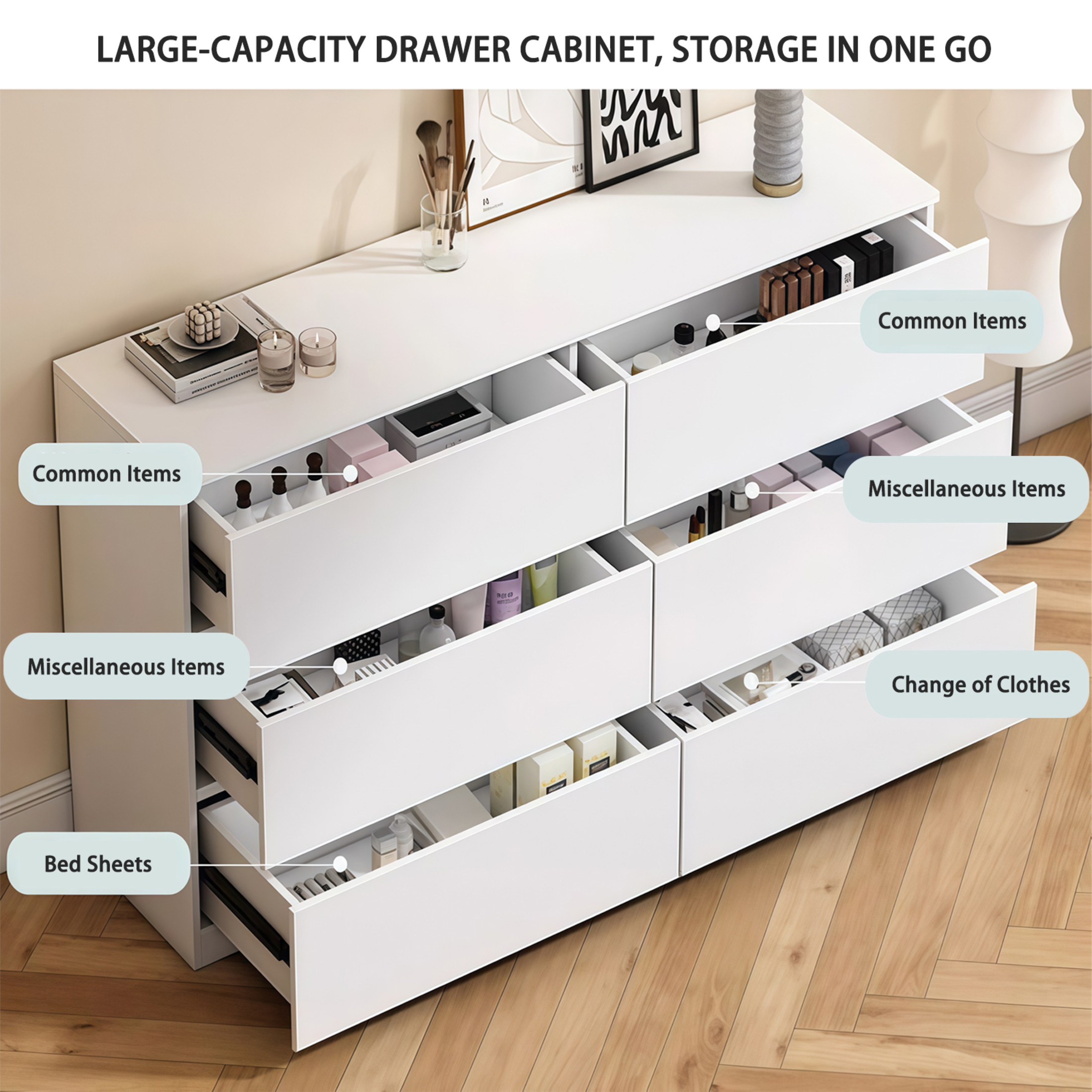 Noble House 6-Drawer Dresser, Modern Wooden Storage Cabinet, Concealed Handles, for Bedroom, Living Room, White