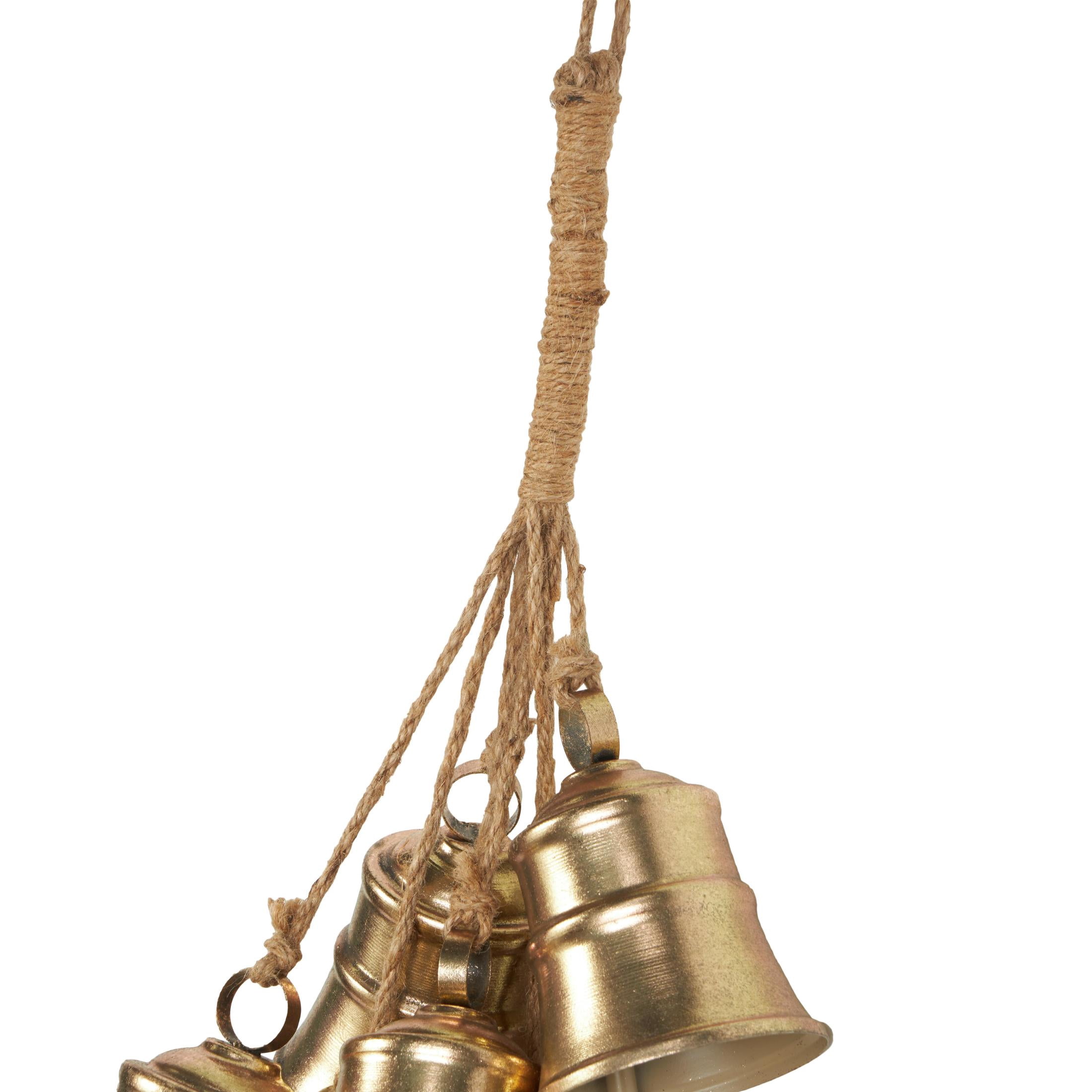 DecMode Tibetan Inspired Cascading Cluster Gold Metal Cluster Decorative Bells with 8 Bells on Jute Hanging Rope
