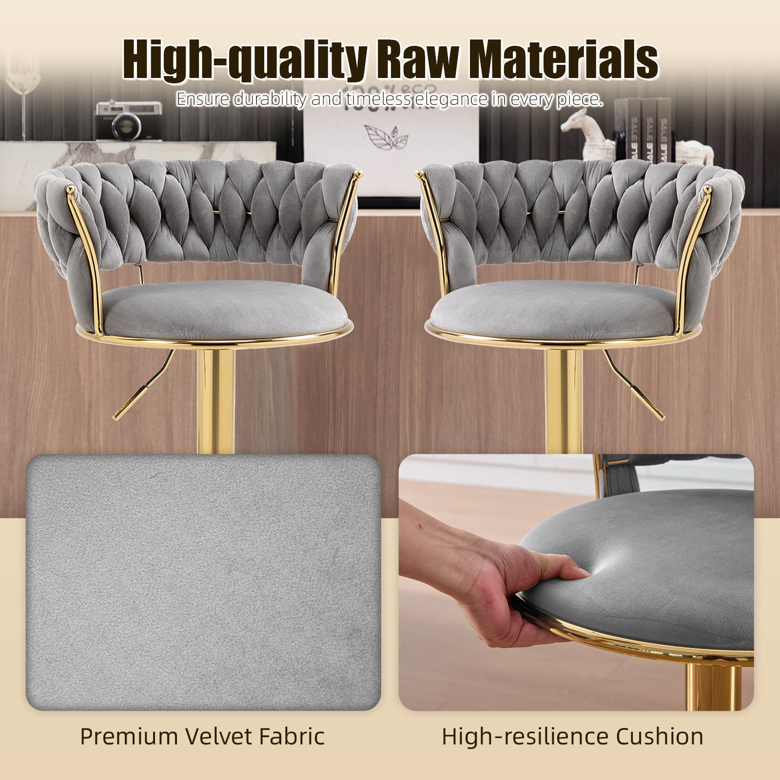 MOONMISS Velvet Upholstered Adjustable Height Swivel Armless Bar Stools with Golden Footrest(set of 2)-Gray