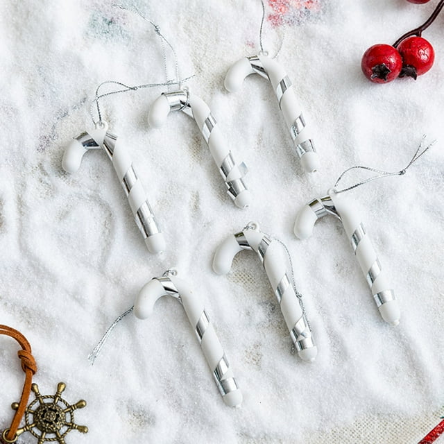 Adornos Navideños: Pack de 6 Colgantes de Bastón de Caramelo para Árbol de Navidad | Bolas de Plástico Plateadas | 6,7 X 3 X 0,8 Cm | 36 G | Colores Duraderos | Ideal para Regalar a Familias