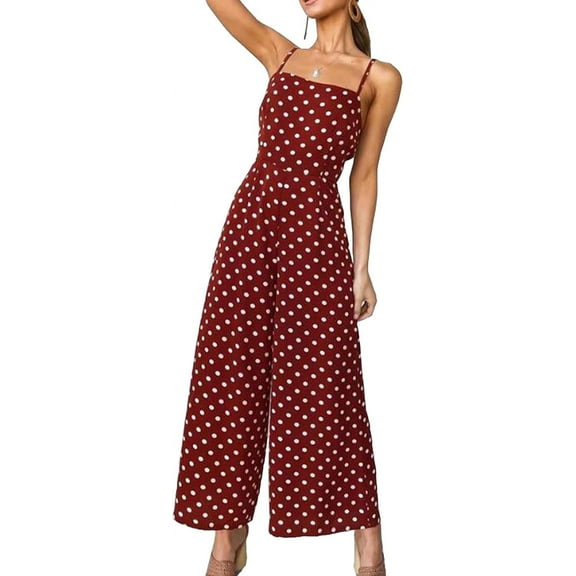 HLSOHJP Women's Polka Dot Wide Leg Jumpsuit Spaghetti Straps Bow Knot Strappy Playsuit Overalls Casual Loose Rompers