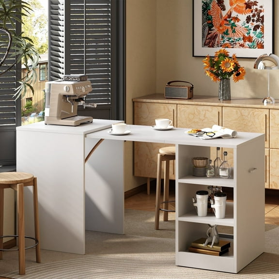 Tarnorci kitchen Storage Table with 3-Layer Cabinet，Extension Dinning Table Folding Island，White