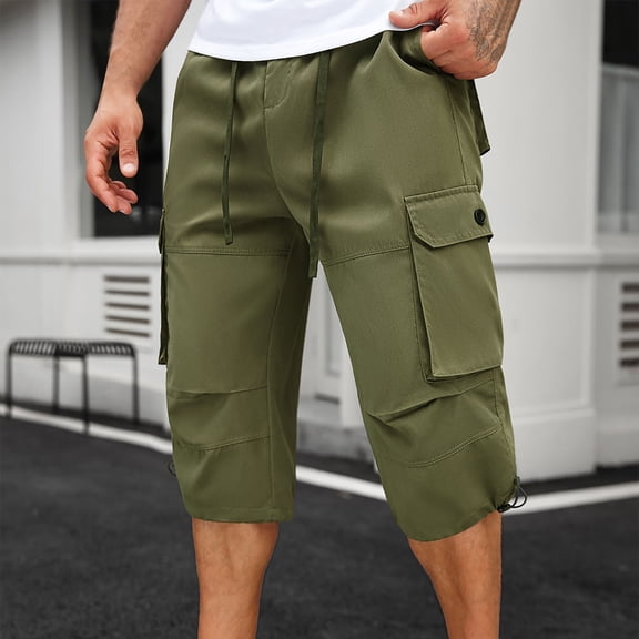 Mens Sweat Pants Summer Beach Capri Cargo Pants for Men Casual Wide Leg Cropped Trousers Elastic Waist Jogging with Flap Pockets