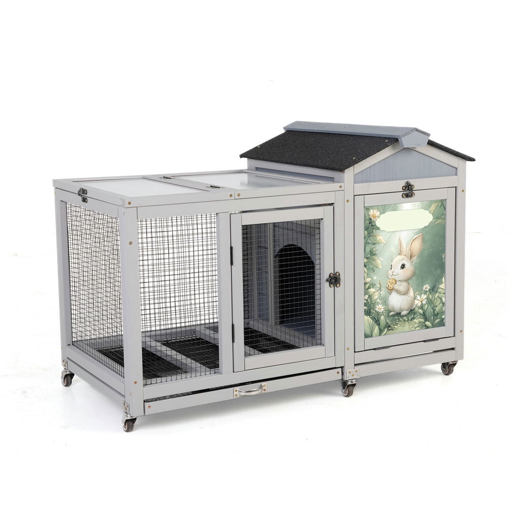 Spaco Wooden Rabbit Hutch, Small Animal House with Casters, Bunny Cage Pet House for Rabbits, Ducks, Squirrels, and Guinea Pigs, Grey