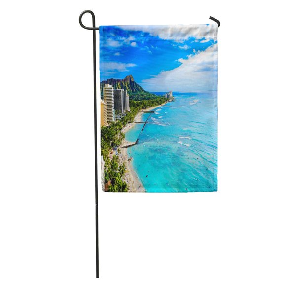 POGLIP Blue Waikiki Beach and Diamond Head Honolulu Oahu Island Hawaii Garden Flag Decorative Flag House Banner 12x18 inch